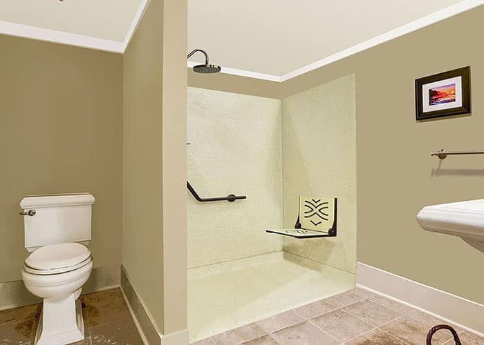 Fiberglass shower with a fold-down seat and grab bar